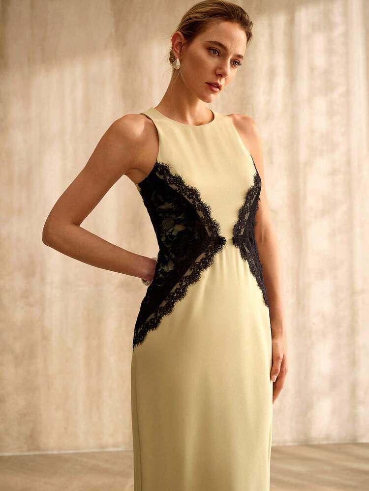 FITTED CONTRAST LACE COLORBLOCK LONG DRESS, AUTUMN/WINTER