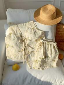 Comfortcana 女士花卉刺绣系带背心和短裤休闲两件套 - 綠色 - 查看 4