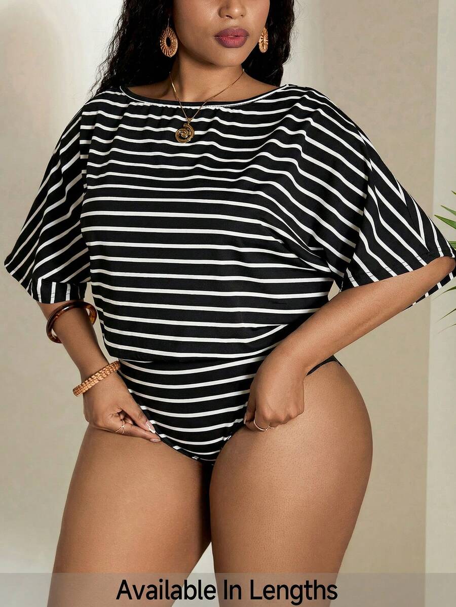 SHEIN PETITE CURVE Áo liền thân tay ngắn kẻ sọc đen trắng thời trang dành cho nữ - Nhiều màu - Xem 1