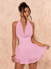 SHEIN BAE Summer Women Solid Chiffon Halterneck Backless Mini Dress - Baby Pink - View 6