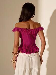 SHEIN Glamour 玫瑰红露肩无袖褶皱衬衫，派对必备，女士生日衬衫，约会衬衫，演唱会衬衫，锐舞节衬衫，外出衬衫，优雅女士衬衫，时尚女式衬衫，基础款衬衫，办公衬衫，情人节服装，新年服装，婚礼派对服装 - 玫紅色 - 查看 2