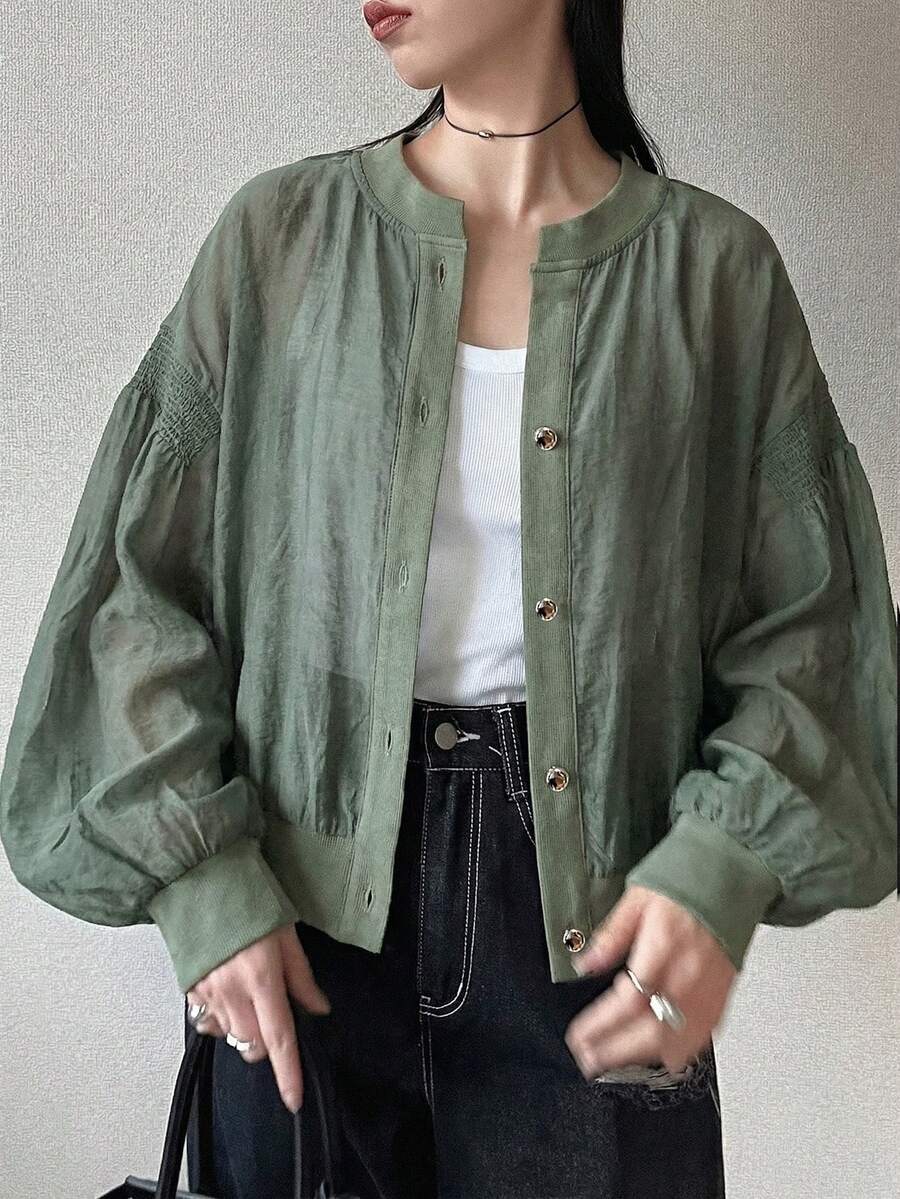 FRIFUL 女士休闲宽松金属纽扣装饰夹克,春夏百搭 - 綠色 - 查看 1