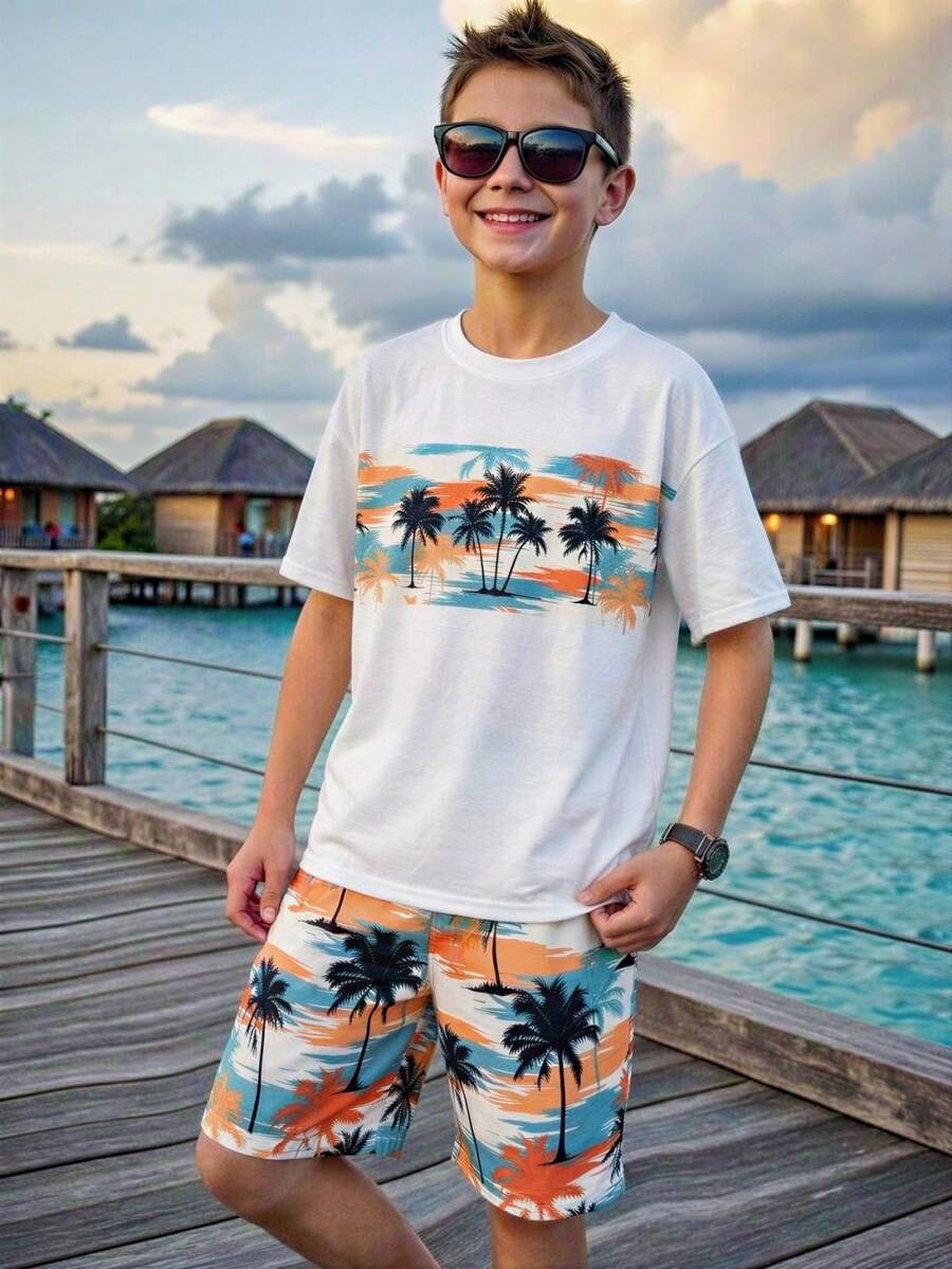 SHEIN 2pcs Tween Boy Striped Polo Collar Short Sleeve Cardigan And Solid Color Elastic Waist Shorts Set
