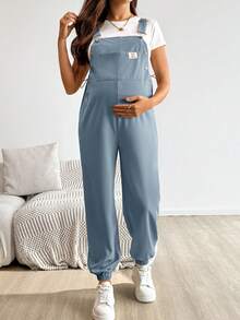 SHEIN Maternity Solid Color Patch Pocket Casual Bib Jumpsuit - Blue - View 6