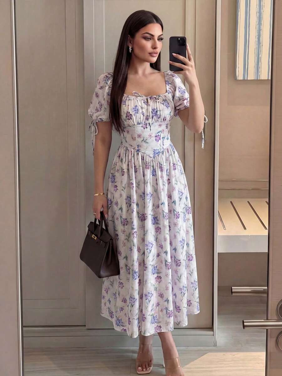 Modelyn 女士优雅印花中长连衣裙，夏季 - 彩色 - 查看 1