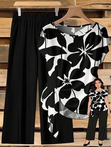 Rusticease Multicolor Two-Piece Set For Women With Plant Print Blouse And Comfy Pants Two Piece Set Women Short Sleeve Blouse And Pants Set,Teacher Outfits For Women,Flower/Spring/Summer/Vacation - Multicolor - View 1