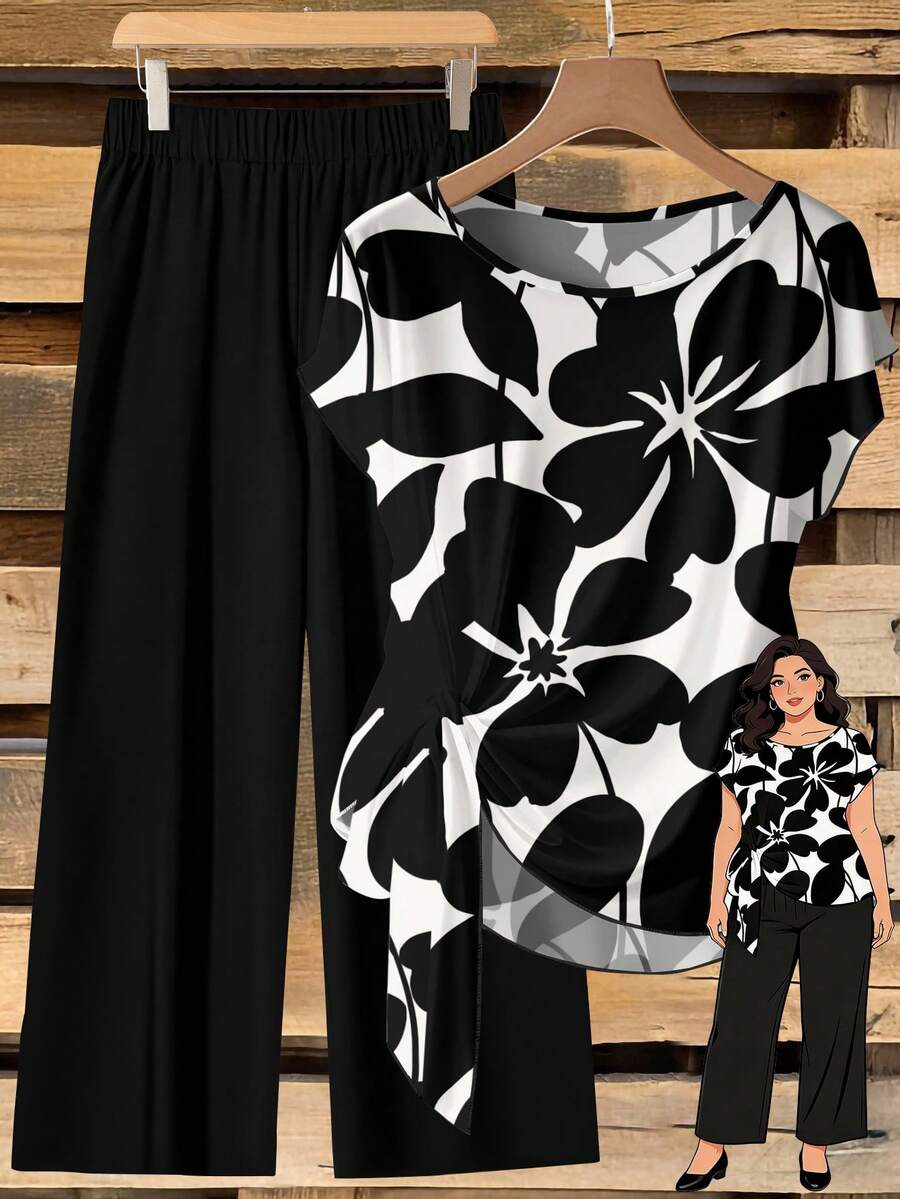 Rusticease Multicolor Two-Piece Set For Women With Plant Print Blouse And Comfy Pants Two Piece Set Women Short Sleeve Blouse And Pants Set,Teacher Outfits For Women,Flower/Spring/Summer/Vacation - Multicolor - View 1