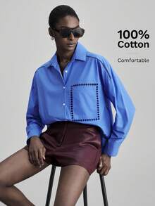 Ontre 2026春夏新款女士翻领刺绣长袖休闲衬衫，都市通勤商务休闲办公装，优雅上衣，波西米亚风沙滩装 - 藍色 - 查看 4