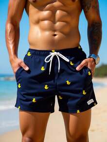 Surfspeed Plus Size Men's Cartoon Duck Print Slant Pocket Beach Shorts - Navy Blue - View 3