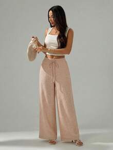 SHEIN PETITE Quần nữ bằng vải lanh trơn màu, ống rộng, có túi, kiểu dáng công sở, phong cách cổ điển, quần ống rộng, trang phục mùa hè cho nữ, đồ đi biển, trang phục đi nghỉ mát, quần nữ. - Màu Khaki - Xem 4
