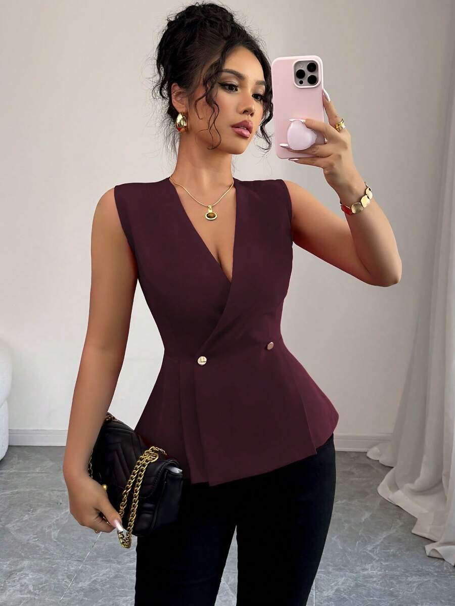 Elenzga Áo kiểu nữ thanh lịch, thoải mái, màu trơn, cổ chữ V, cài khuy kim loại, dáng chữ A, không tay, thích hợp cho kỳ nghỉ và đi làm, mùa xuân/hè. - Màu Tím - Xem 1