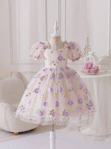 Glamorique Kids Baby Purple Summer Flower Girl Young Girl Princess Elegant Embroidered Dress,Luxurious Party Gown,French Petal Sleeve Floral Embroidery Tulle Skirt - Apricot - View 6