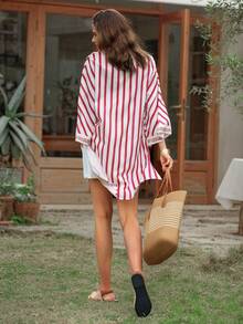 Dayvera 2 piezas Conjunto de top de manga larga a rayas y shorts casuales para mujer - Multicolor - Ver 2