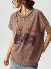 Bohemela Western Style Solid Color Pattern Knit Crew Neck Washed T-Shirt For Women, Summer - Brown - View 6
