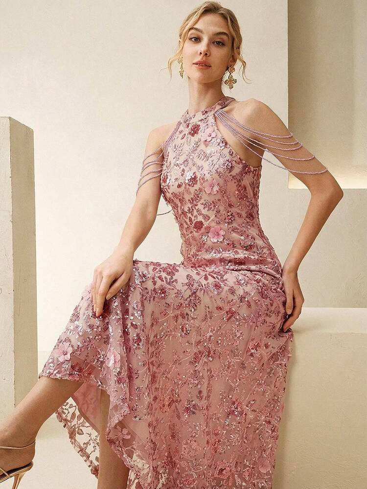 Elegant Sleeveless Dress With Floral Applique, Mesh Overlay And Sequin Decor, Suitable For Party, Date And Vacation