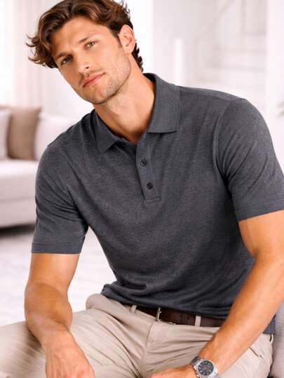 Playera Polo de Punto para Hombre Manga Corta Gris Oscuro Diseño Liso Ajuste Regular
