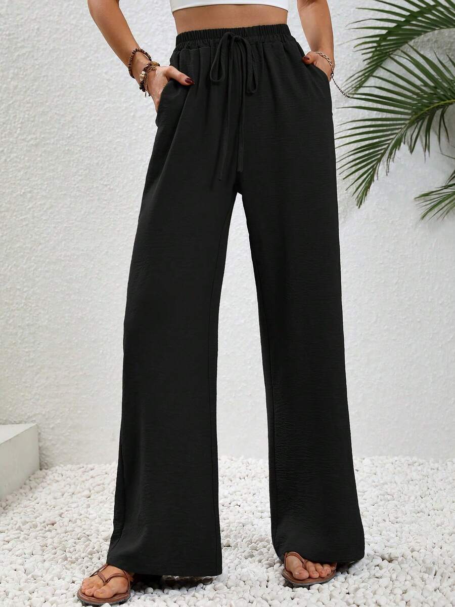 Elenzga Tall Pantalones rectos relajados con cintura elástica y cordón, estilo casual de vacaciones, color caqui para mujer - Negro - Ver 1