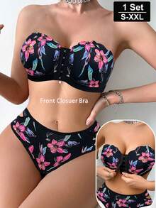 Conjunto de sujetador y pantie con estampado floral romántico, espalda cruzada y cierre delantero para mujer - Multicolor - Ver 6