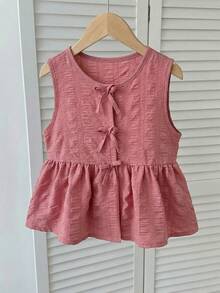 SHEIN 少女休闲日常度假纹理蝴蝶结前襟衬衫 - 粉色 - 查看 4