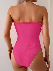 Swim Basics Women's Summer Beach Black Textured Fabric Ruffle Bandeau One-Piece Swimsuit, Waist Cinched - Hot Pink - View 2