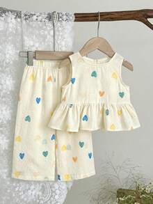 LMoss Kids 2pcs Baby Girl Ditsy Floral Woven Casual Vest And Pants Set, Baby Girls Clothes Summer, Girls Summer Coord Set, Girls Co Ord Set, Summer Holiday Outfits 2 Piece Set - Beige - View 5