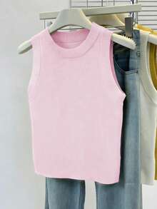 SHEIN Women's Solid Color Round Neck Casual Versatile Knit Vest - Pink - View 3