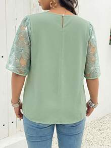 EMERY ROSE Women's Plus Size  Long Blouse With Flounce Half Sleeves And Subtle Sheer Details,Plus Size Round Neck Petal Sleeve Minimalist Elegant Blouse - Cadet Blue - View 2