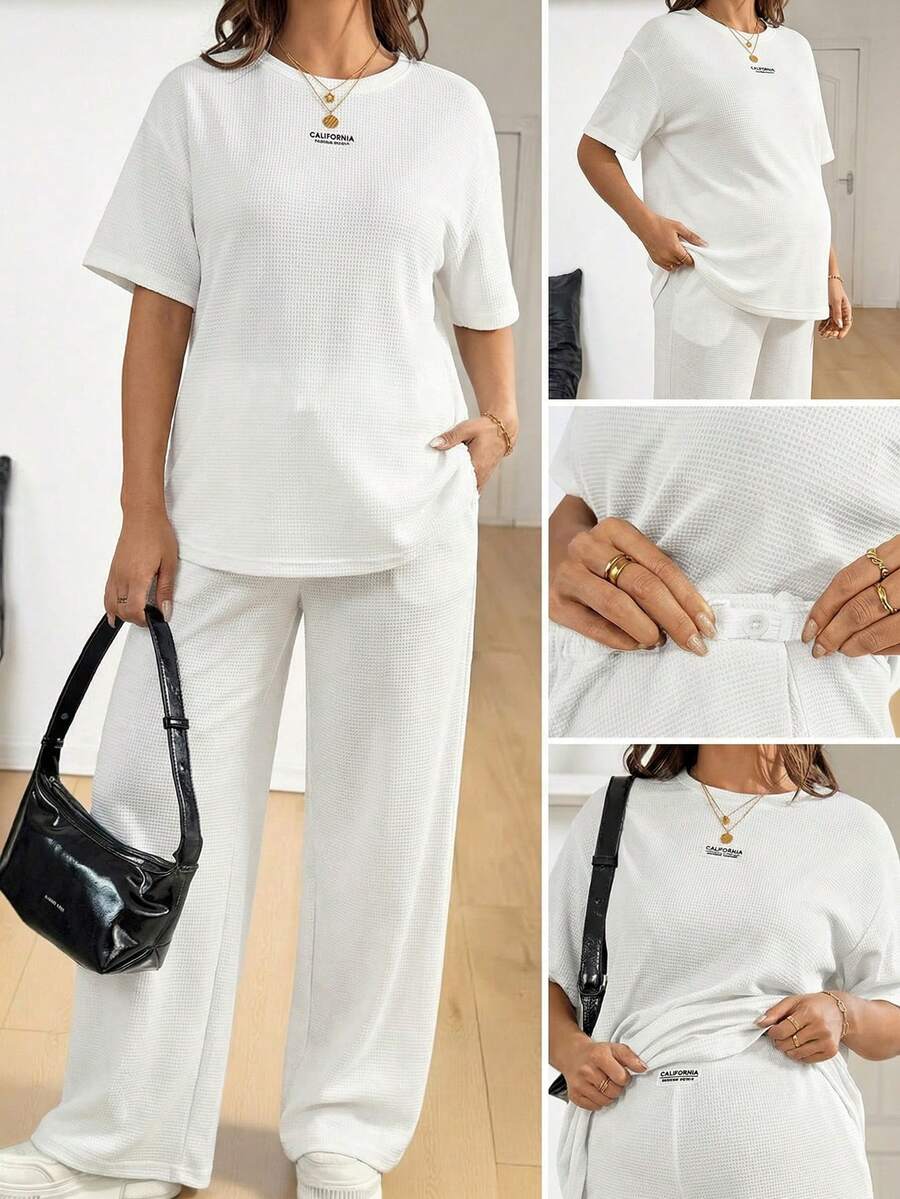 SHEIN 2件套孕妇休闲短袖T恤和裤子套装，夏季 - 白色 - 查看 1