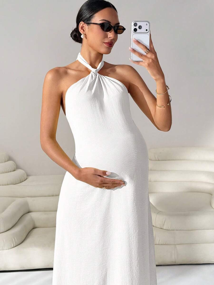 MaterniWear Vestido elegante de maternidad con textura, de cuello halter y espalda descubierta para el verano - Blanco - Ver 1
