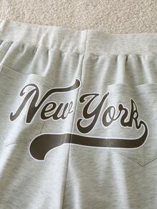 INAWLY Quần short nữ in chữ, cạp chun, kiểu dáng thường ngày. - Màu Xám nhạt - Xem 4