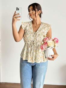 Lounesse Áo sơ mi mùa hè cỡ lớn, kiểu dáng thường ngày, họa tiết hoa nhí, thắt nơ phía trước. - Màu vàng - Xem 6