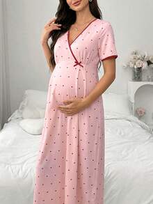 Moonlight&Mama Casual Heart Print V-Neck Short Sleeve Maternity Dress/Nightgown, Comfortable For Home Wear - Baby Pink - View 4