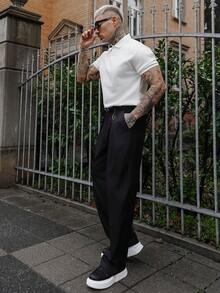 Artur Kramer Men Basic Textured Design Solid Color Short Sleeve Collar Polo Shirt, For Husband, For Going Out, Old Money Style - White - View 4