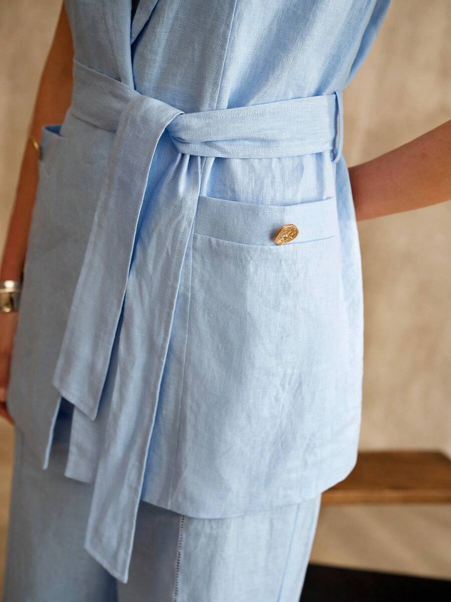 MOTF PREMIUM ÁO KHOÁC KHÔNG TAY NỮ 100% VẢI LINEN, XUÂN/HÈ - Màu xanh nhạt - Xem 2