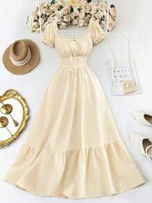 Elenzga Đầm tay phồng bằng vải dệt nhăn mới, có dây buộc phía trước và xếp ly phía sau, thắt eo, dáng suông tôn dáng, thanh lịch và trẻ trung, thích hợp cho kỳ nghỉ hoặc những dịp thường ngày dành cho phụ nữ. - Màu be - Xem 3