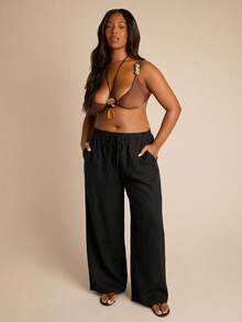 FASHION SZN Pantalon décontracté aspect lin grande taille, pantalon de plage avec lien à l'avant, pantalon élégant grande taille, tenue de vacances, pantalon d'été, pantalon ample, pantalon large, bohème, tenue de festival, pantalon décontracté, tenue de plage et de ville, pantalon grande taille, pantalon grande taille taille mi-haute large, sexy, mignon, port quotidien, maillot de bain, cache-maillot de vacances, pantalon noir grande taille, pantalon de travail bohème de festival avec cordon de serrage, port quotidien - Noir - Voir 6