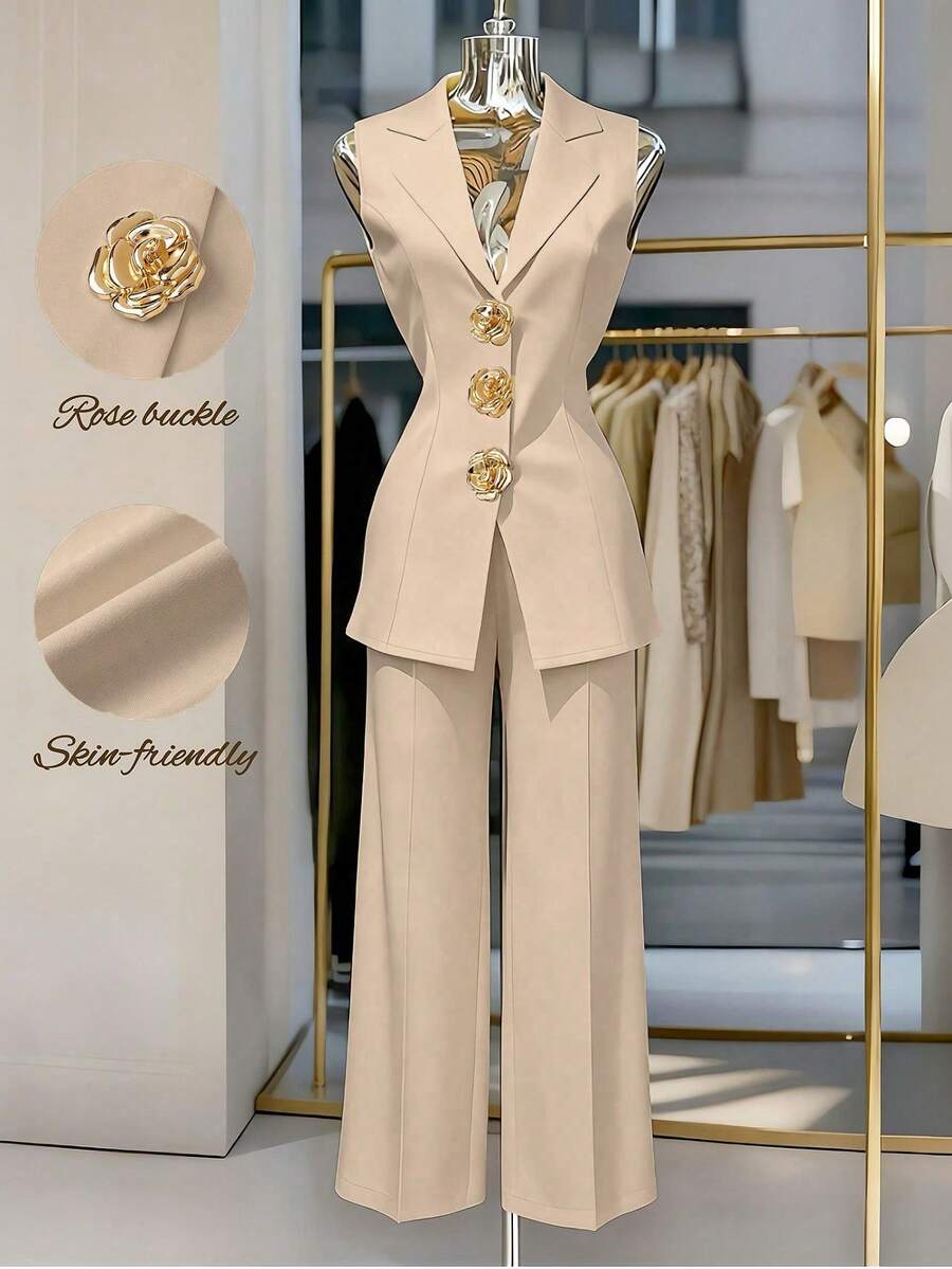 Franclia Women's Metal 3D Floral Button Vest And Pants Elegant Suit Set - Apricot - View 1