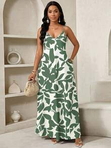 SHEIN Lady 几何印花长款吊带连衣裙，适合日常休闲穿着 - 彩色 - 查看 3