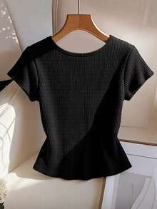 GlowEve CURVE Plus Size Women Solid Color Button Casual Versatile Commute T-Shirt - Black - View 2