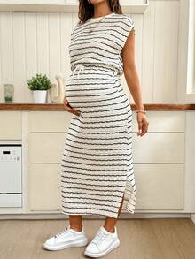 SHEIN Đầm bầu kẻ sọc cổ tròn tay ngắn, thắt eo, xẻ tà, thời trang. - Màu Khaki - Xem 6