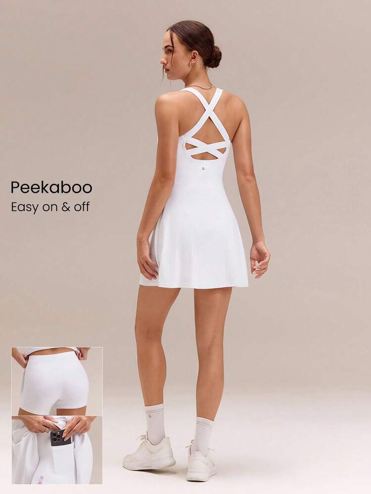 FeatherFit™-Air Peekaboo Mini Dress With Built-In Shorts Pocket Square Neck Anti-Slip Crisscross Light Support Low Impact Quick Dry Moisture Wicking Spring Summer