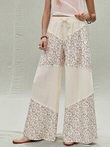 SoleilVie 春夏新款花卉拼接阔腿裤常规腰松紧腰度假长裤两件套套装女装奶油色两件套夏季度假装 - 彩色 - 查看 6