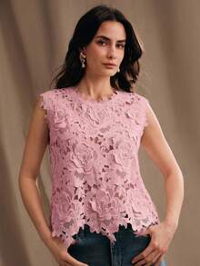 Anewsta Women's Elegant Romantic Pink Floral Lace Embroidered Sleeveless Top, Summer Casual Top Mother Of The Bride - Pink - View 3