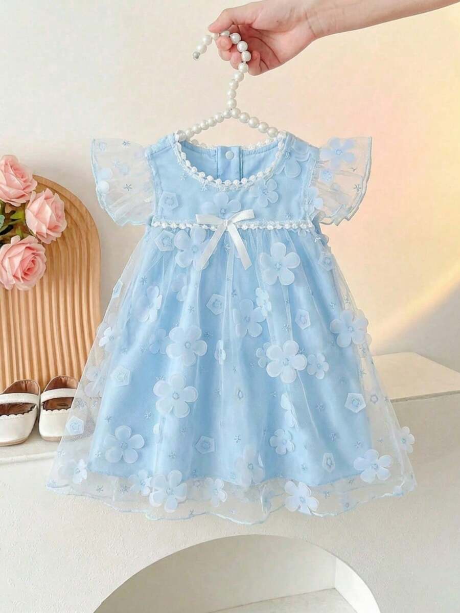 Glamorique Kids 1件女婴花卉刺绣网纱荷叶边圆领无袖A字连衣裙,可爱甜美风格,适合夏季日常穿着、旅行、摄影、派对、生日等场合。 - 藍色 - 查看 1