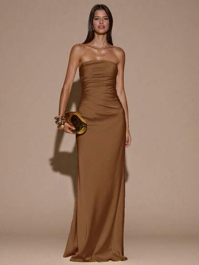 SHEIN BAE فستان أصفر كريمي مكشكش بظهر مكشوف بتصميم الحورية، مناسب للحفلات والكوكتيل والمناسبات الرسمية وخدم العروس وأعياد الميلاد، فستان ساتان أصفر طويل، مناسب للكريسماس والحفلات والملابس الرسمية الكاجوال