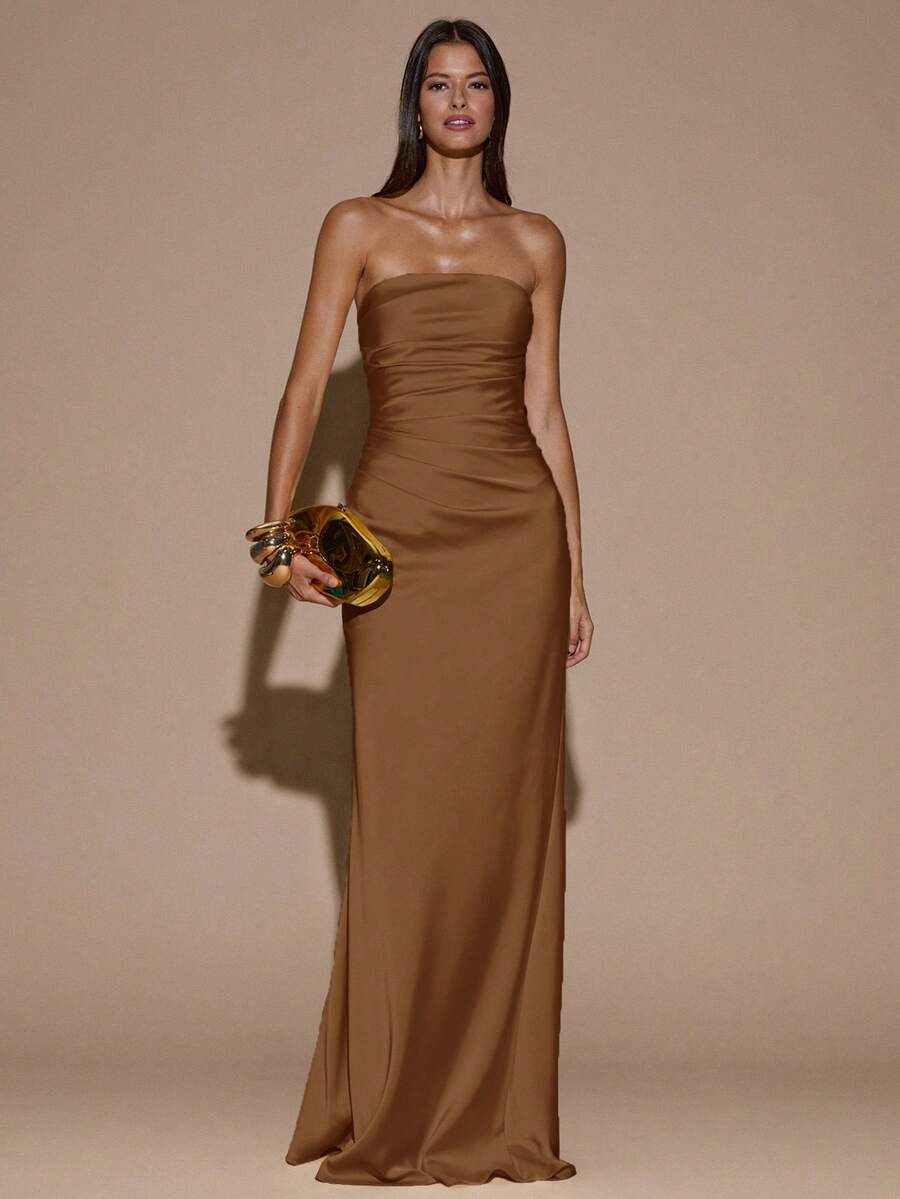 SHEIN BAE 性感简约纯色奶油黄褶皱露背美人鱼连衣裙,适合派对、鸡尾酒会、正式场合、伴娘、生日、圣诞节、宴会、商务休闲等场合。 - 棕色 - 查看 1