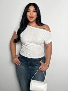 Firerie 大码女式斜肩短袖烧花刺绣休闲T恤 - 白色 - 查看 5