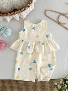 LMoss Kids 2pcs Baby Girl Ditsy Floral Woven Casual Vest And Pants Set, Baby Girls Clothes Summer, Girls Summer Coord Set, Girls Co Ord Set, Summer Holiday Outfits 2 Piece Set - Beige - View 9
