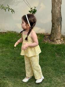 SHEIN LMoss Kids 女婴可爱碎花吊带背心和松紧腰裤套装，夏季 - 彩色 - 查看 6
