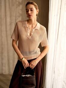 MOTF PREMIUM ÁO THUN NGẮN TAY CỔ POLO DỆT KIM DÀNH CHO NỮ MÙA XUÂN/HÈ - Màu be - Xem 5
